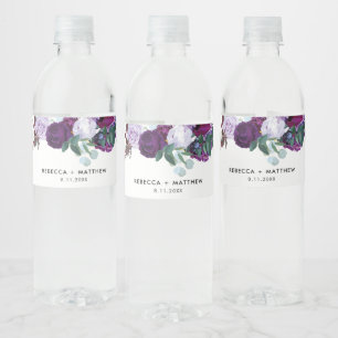 Etiqueta Para Botella De Agua Boda de guiones florales de color púrpura