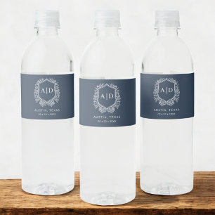 Etiqueta Para Botella De Agua Boda de Monograma Azul de la Marina Escudo Floral