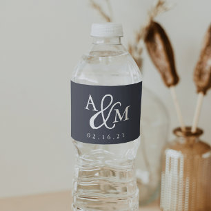 Etiqueta Para Botella De Agua Boda de Monograma de Navy Blue & White Ampersand
