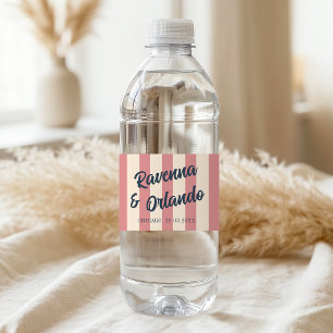 Etiqueta Para Botella De Agua Boda de rayas rosadas y azul marino retro