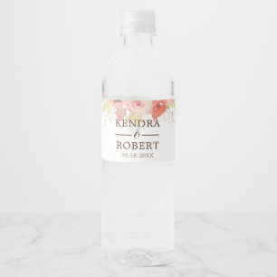 Etiqueta Para Botella De Agua Boda de rosas rosadas coral acuarela y follaje dor