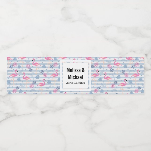 Etiqueta Para Botella De Agua Boda del patrón de flamingo y piña caprichosa (Etiqueta única)