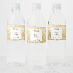 Etiqueta Para Botella De Agua Boda Elegante Gatsby Art Deco Blanco y Dorado