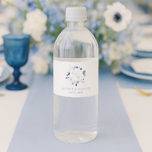 Etiqueta Para Botella De Agua Boda Floral Monograma Azul Polvoriento