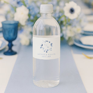 Etiqueta Para Botella De Agua Boda Floral Monograma Azul Polvoriento