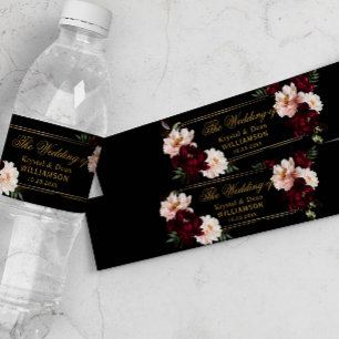 Etiqueta Para Botella De Agua Boda floral negra con rubor de borgoña oscuro y me
