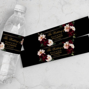Etiqueta Para Botella De Agua Boda floral negra con rubor de borgoña oscuro y so