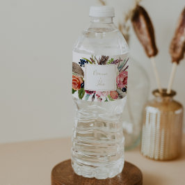Etiqueta Para Botella De Agua Boda Floral Tropical Boho de la pluma salvaje de o