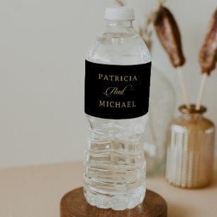 Etiqueta Para Botella De Agua Boda minimalista clásica en negro y dorado