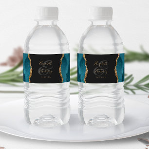 Etiqueta Para Botella De Agua Boda moderna de color azul turquesa y oro oscuro