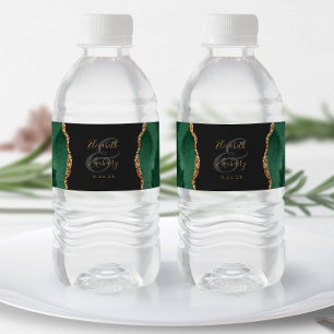Etiqueta Para Botella De Agua Boda Moderna Esmeralda Verde Dorado Ágata Oscura