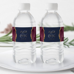 Etiqueta Para Botella De Agua Boda Moderno Burgundy Rojo Oro Ágata Azul Marino