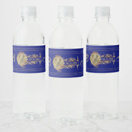 Etiqueta Para Botella De Agua Boda Monogramado Vintage Globe Blue Gold