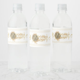 Etiqueta Para Botella De Agua Boda Monogramado Vintage White Gold
