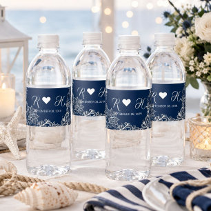 Etiqueta Para Botella De Agua boda náutica de playa con encaje blanco y azul mar