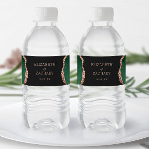 Etiqueta Para Botella De Agua Boda Oscura de Rosa de Oro Verde Esmeralda Agata