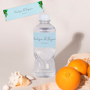 Etiqueta Para Botella De Agua Boda personalizado de las palmeras retro-playa