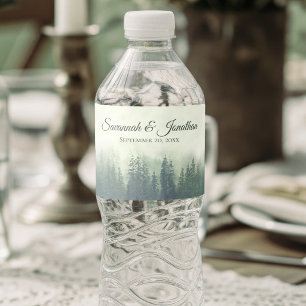 Etiqueta Para Botella De Agua Boda Rústica en Bosque de Pino Verde Niebla