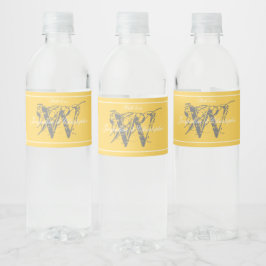 Etiqueta Para Botella De Agua Bodas Amarillo Soleado Monograma Gris Nombres Blan