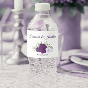 Etiqueta Para Botella De Agua Bodas Elegantes con Rosas Lavanda y Púrpura Rústic