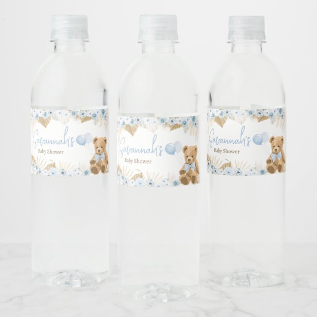 Etiqueta Para Botella De Agua Boho Blue Bear Baby Shower (Botellas)