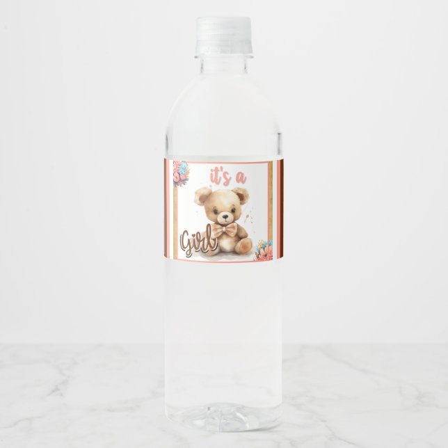 Etiqueta Para Botella De Agua Boho Pink Bear Baby Shower (Anverso)