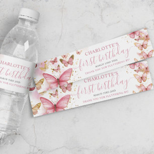 Etiqueta Para Botella De Agua Bonito Mariposas Rosadas Primer Cumpleaños Dulce 1