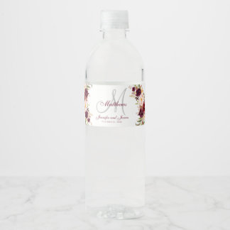 Etiqueta Para Botella De Agua Borgoña Boda de Monograma Elegante Floral