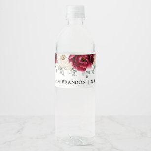 Etiqueta Para Botella De Agua Borgoña Esparkling Wine Ivory Mauve Rosa Floral We