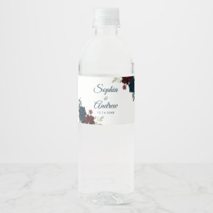 Etiqueta Para Botella De Agua Borgoña y Boda de la Marina florece en la selva ru