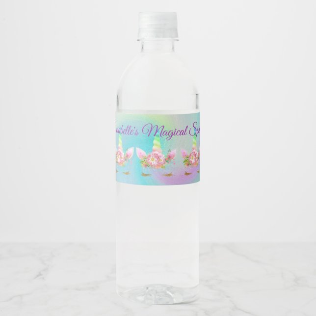 Etiqueta Para Botella De Agua Botella de agua de unicornio con arcoiris dorado p (Anverso)