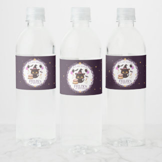 Etiqueta Para Botella De Agua Bruja de gato negro lindo y espeluznante Cumpleaño