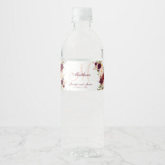 Etiqueta Para Botella De Agua Burgundy Floral Elegante Boda de Monograma Rubor