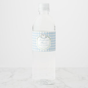 Etiqueta Para Botella De Agua Caballo de gingham azul claro escudo de bebé ducha