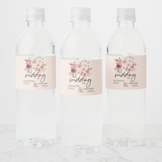 Etiqueta Para Botella De Agua Calabaza rosa Boda otoño personalizada (Botellas)
