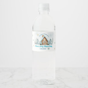 Etiqueta Para Botella De Agua Casa de Pan de Jengibre de Invierno Azul Baby Show