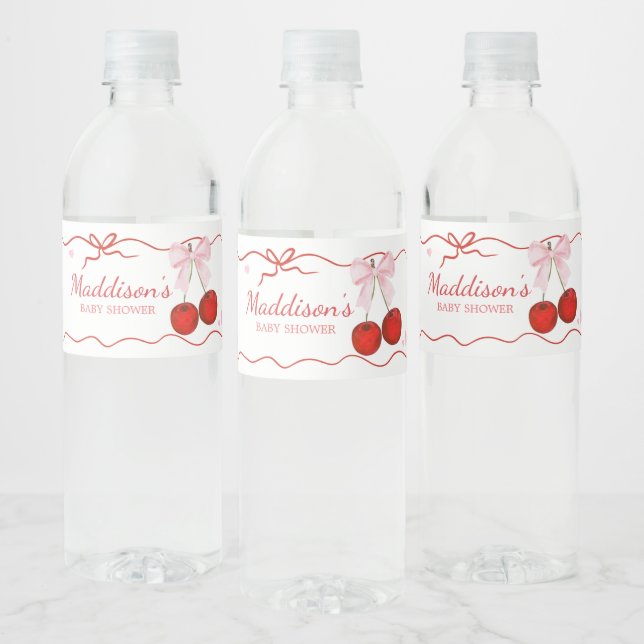 Etiqueta Para Botella De Agua Cherry en Baby Shower de Bow Rosado superior (Botellas)
