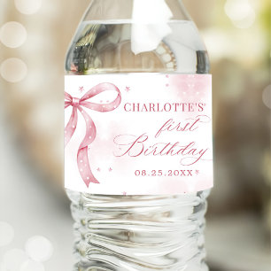 Etiqueta Para Botella De Agua Chica de Bow Rosado Primer Fiesta de Cumpleaños