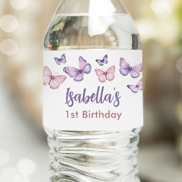 Etiqueta Para Botella De Agua Chica de mariposa floral rosa púrpura en primer cu