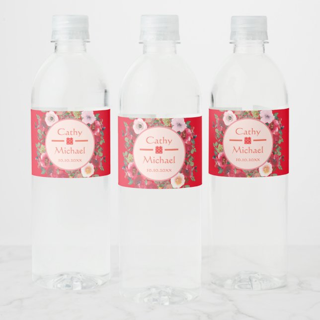 Etiqueta Para Botella De Agua Círculo rojo floral corona boda chino moderno (Botellas)