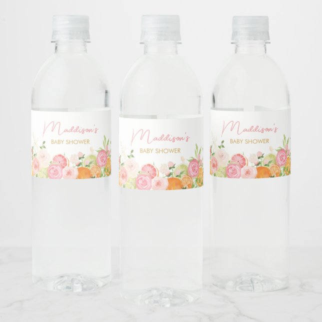 Etiqueta Para Botella De Agua Citrus Naranja floral rosa (Botellas)