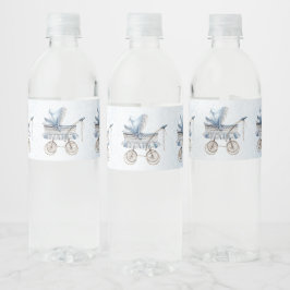 Etiqueta Para Botella De Agua Cochecito Clásico de Bebé Azul Fiesta Floral Mono