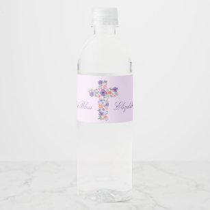 Etiqueta Para Botella De Agua Comunión de la cruz púrpura de la flor de la