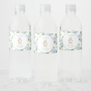 Etiqueta Para Botella De Agua Conejito Lindo, Lazo Azul, Flores Azules, Baby Sho