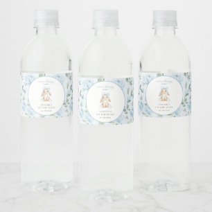 Etiqueta Para Botella De Agua Conejito Lindo, Lazo Azul, Flores Azules, Primer C