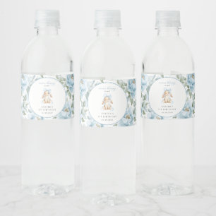 Etiqueta Para Botella De Agua Conejito Lindo, Lazo Azul, Flores Azules, Primer C