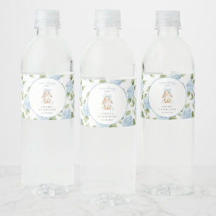 Etiqueta Para Botella De Agua Conejito Lindo, Lazo Azul, Flores Azules, Primer C