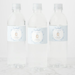 Etiqueta Para Botella De Agua Conejito Lindo, Lazo Azul, Rayas Azules, Primer Cu
