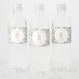 Etiqueta Para Botella De Agua Conejito Lindo, Lazo Rosa, Flores Rosadas, Fiesta
