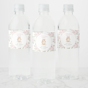 Etiqueta Para Botella De Agua Conejito Lindo, Lazo Rosa, Flores Rosadas, Fiesta 